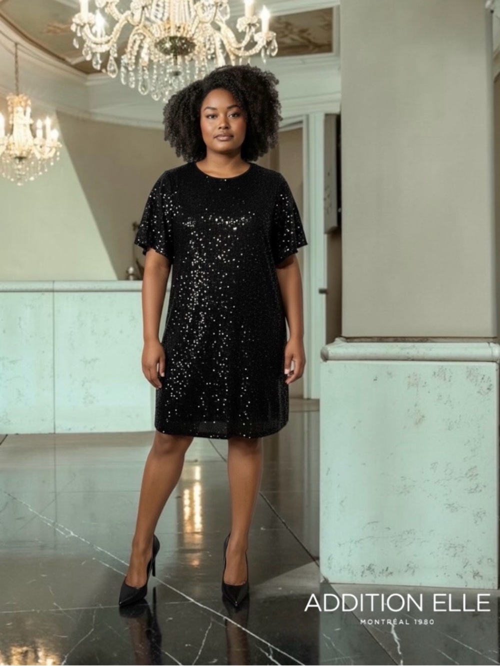NEW, Addition Elle 3X Black Sequin Dress Plus Size Stretch Lined Cocktail Party